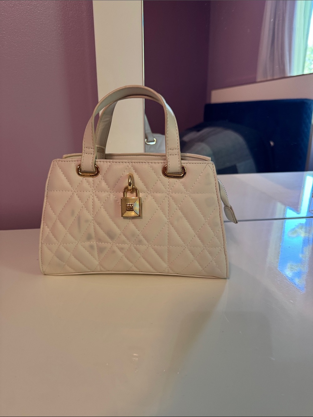 Cream Quilted Top-Handle Handbag with Gold Lock
